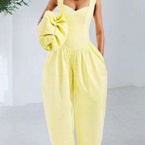 Casual Ruched Plain Spaghetti Cami Jumpsuit, Jumpsuits, color:Yellow|size:XXL, Stylewe