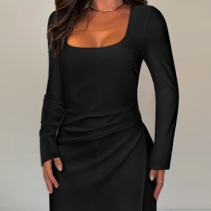 Square Neck Long Sleeve Ruched Slit Romper Casual Cinched Waist Zipper Back Faux Two-Piece Skort Romper, women Rompers, ChicMe catalog