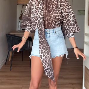 Leopard Print High Neck Lantern Sleeve Casual Tied Detail Blouse, women Blouses & Shirts, ChicMe catalog