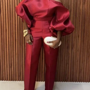Urban Puff Sleeve Plain Asymmetrical Jumpsuit, Jumpsuits, color:Red|size:XXL, Stylewe
