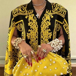Urban Random Print Printing Shawl Collar Blouse, Blouses and Shirts, color:Black-Yellow|size:XXL, Stylewe