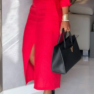 Urban Slit Plain Maxi Skirt, Skirts, color:Red|size:XXL, Stylewe
