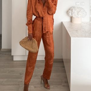 2 Pieces Outfit V-Neck Button Front Long Sleeve Ruched Top and Drawstring Elastic Waist Pants Set Casual Satin Jacquard Set with Scarf, women Two-piece Sets, ChicMe catalog