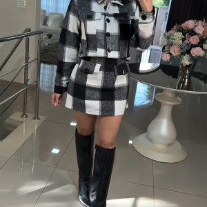 Plaid Print Turn-down Collar Long Sleeve Top and Casual Plaid Skirt with Pocket, women Two-piece Sets, ChicMe catalog