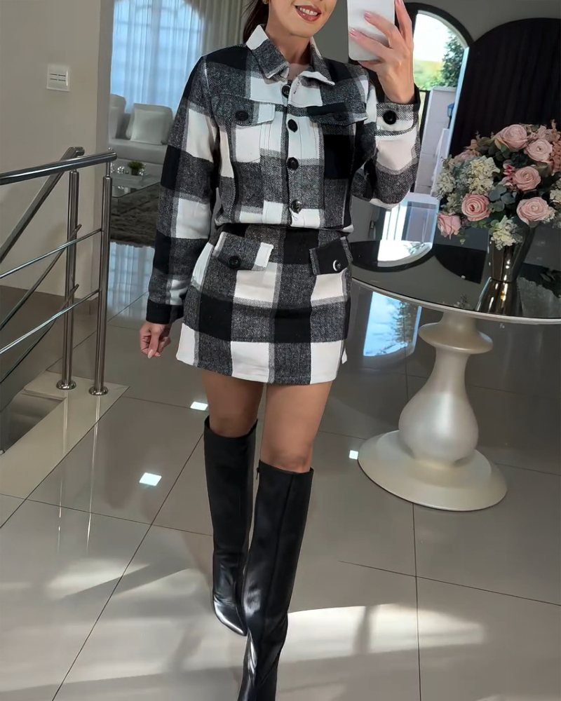 Plaid Print Turn-down Collar Long Sleeve Top and Casual Plaid Skirt with Pocket, women Two-piece Sets, ChicMe catalog