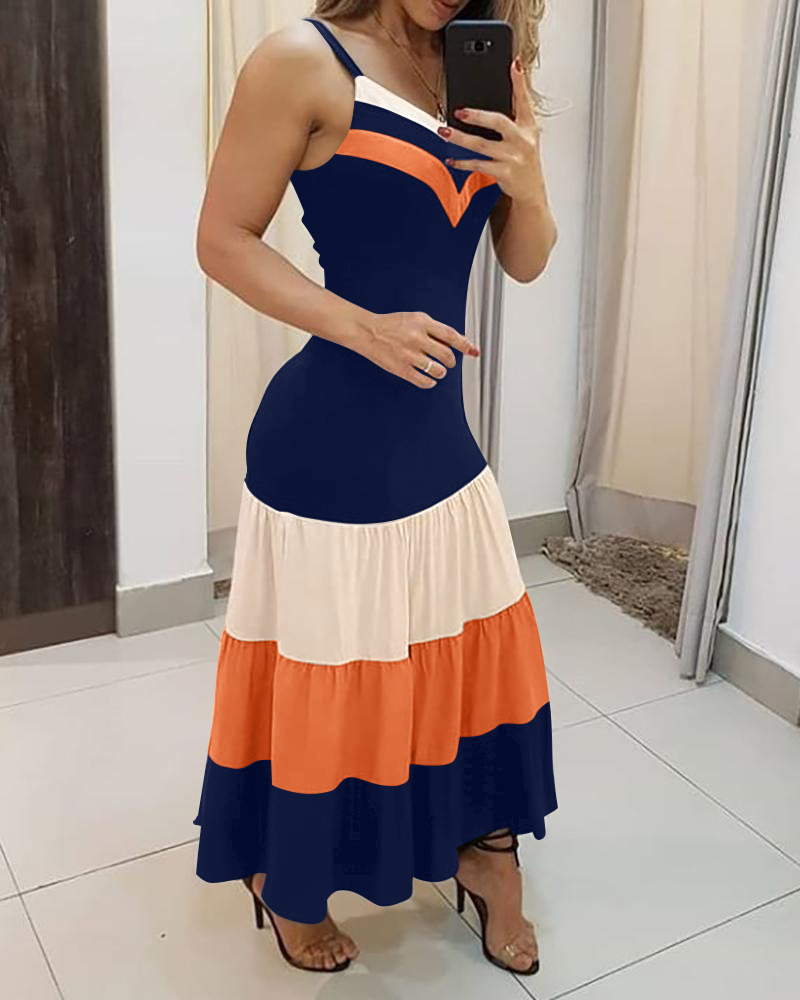 Spaghetti Strap Colorblock Ruched Ruffles Maxi Dress, women Maxi Dresses, ChicMe catalog - Image 2