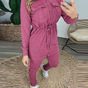 2 Pieces Outfit Long Sleeve Waist Drawstring Pockets Design Coat and Casual Slim Fit Pants Set, women Two-piece Sets, ChicMe catalog