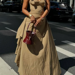 Casual Plain Spaghetti Maxi Dress, Maxi Dresses, color:Khaki|size:XXL, Stylewe