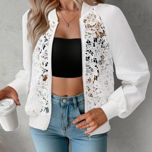 Guipure Lace Patchwork Long Sleeve Lightweight Crop Baseball Coat Casual Zip Up Bomber Jacket, women Jackets & Coats, ChicMe catalog