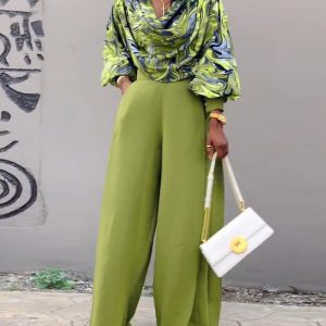 2 Pieces Outfit Abstract Print Cowl Neck Lantern Sleeve Stretchy Hem Crop Top and Casual Elastic Back Waist Zipper Side Pleated Wide Leg Pants Set, women Two-piece Sets, ChicMe catalog