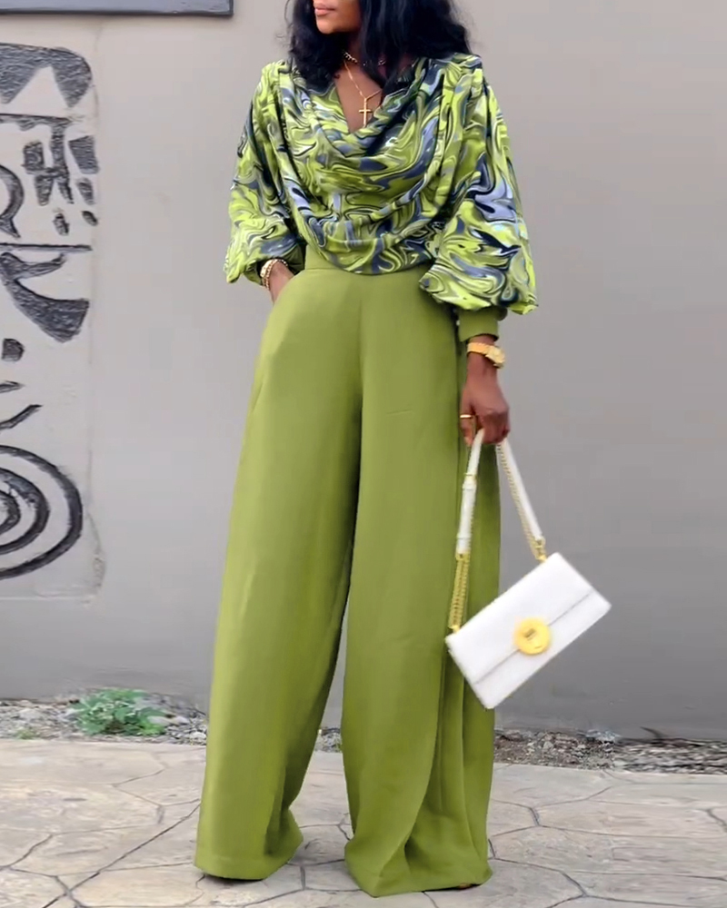 2 Pieces Outfit Abstract Print Cowl Neck Lantern Sleeve Stretchy Hem Crop Top and Casual Elastic Back Waist Zipper Side Pleated Wide Leg Pants Set, women Two-piece Sets, ChicMe catalog
