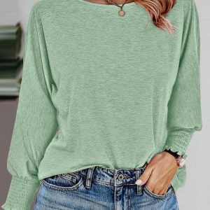 Round Neck Shirred Lantern Sleeve Long Sleeve Softy Basic T-Shirt Casual Tee, women T-shirt & Tees, ChicMe catalog