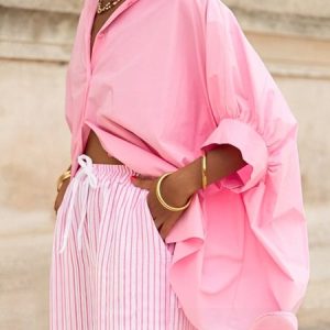 Cotton Casual Plain Shirt Collar Raglan Sleeves Shirt, Blouses and Shirts, color:Pink|size:XXL, Stylewe