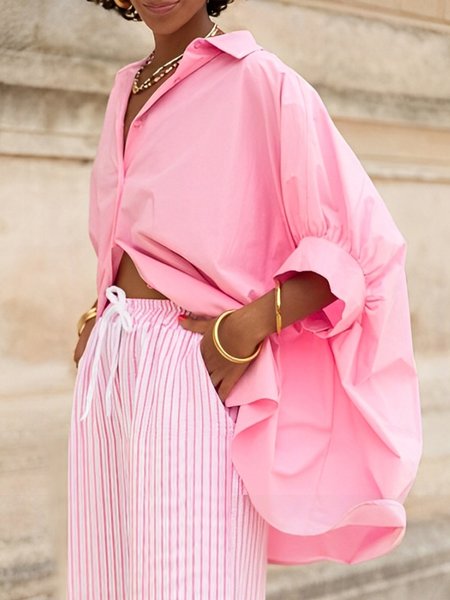 Cotton Casual Plain Shirt Collar Raglan Sleeves Shirt, Blouses and Shirts, color:Pink|size:XXL, Stylewe