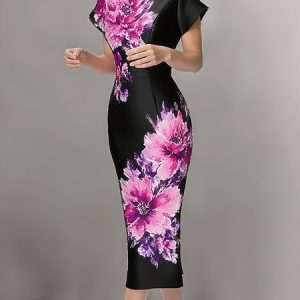 Elegant Floral Printing Midi Dress, Midi Dresses, color:Black|size:XXL, Stylewe
