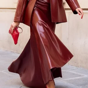 Urban Irregular Craftsmanship Plain Maxi Faux Leather Skirt, Skirts, color:Deep Red|size:XXL, Stylewe