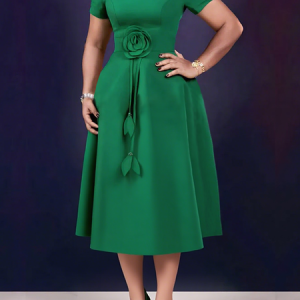 Elegant Plain 3D Floral Crew Neck Dress, Midi Dresses, color:Green|size:XXL, Stylewe