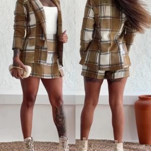 2 Pieces Outfit Plaid Pattern Notched Collar Flap Detail Slim Fit Blazer Coat and High Waist Slit Front A Line Skort Set, women Two-piece Sets, ChicMe catalog