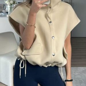 Casual Drawstring Plain Turtleneck Vest, Vests and Gilets, color:Apricot|size:XXL, Stylewe