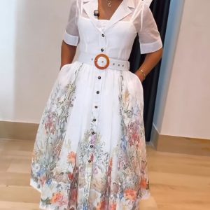 Floral Print Short Sleeve Waist Tied Detail Dress Casual A Line Midi Dress, women Midi Dresses, ChicMe catalog