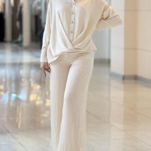 2 Pieces Outfit Turn-down Collar Single Breasted Twist Front Top and Zipper Fly Elastic Back Waist Wide Leg Pants Set Casual Jacquard Set, women Two-piece Sets, ChicMe catalog