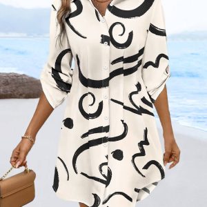 Abstract Print Turn-down Collar Turn-Up Sleeves Shirred Back Shirt Dress Casual Button Down Cinched Waist Asymmetrical Hem Vacation Dress, women Shirt Dresses, ChicMe catalog