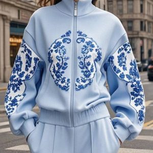 Casual Printing Random Print Mock Neck Jacket, Jackets, color:Blue|size:XXL, Stylewe