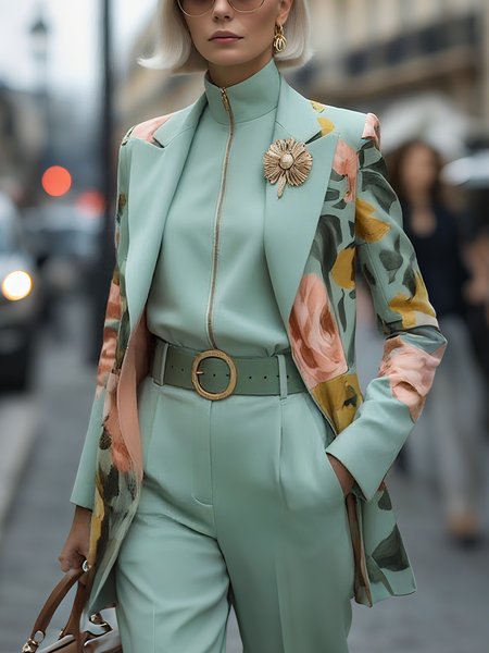 Elegant Printing Random Print Lapel Collar Blazer With Brooch, Blazers, color:As Picture|size:XXL, Stylewe