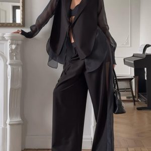 2 Pieces Outfit Long Sleeve Lace Up Chiffon Patchwork Blouse Blazer and Casual Wide Leg Pants Set, women Two-piece Sets, ChicMe catalog