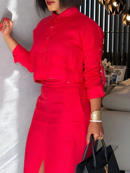Cotton Urban Plain Shirt Collar Shirt, Blouses and Shirts, color:Red|size:XXL, Stylewe
