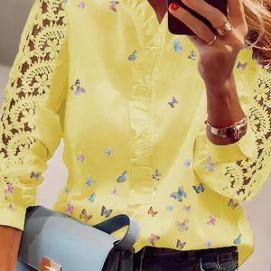 Lace Butterfly Print V-Neck Long Sleeve Patchwork Casual Blouse, women Blouses & Shirts, ChicMe catalog