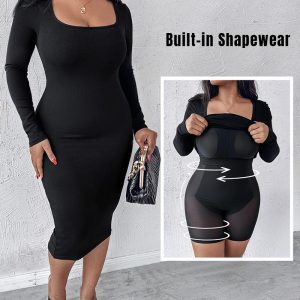 Square Neck Tummy Control Butt Lifter Thigh Slimmer Full Body Shaper Bodycon Dress Double Layer Built-In Shapewear Ribbed Mid-Length Dress, women Bodycon Dresses, ChicMe catalog