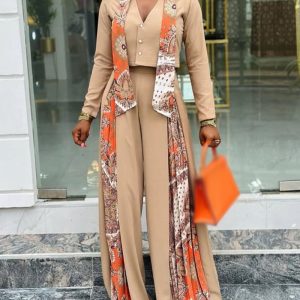 2 Pieces Outfit V-Neck Button Front Crop Top and Casual Floral Print Pleated Patchwork Wide Leg Pants Set with Scarf, women Two-piece Sets, ChicMe catalog