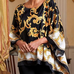 Colorblock Baroque Print Batwing Sleeve Top, women Blouses & Shirts, ChicMe catalog