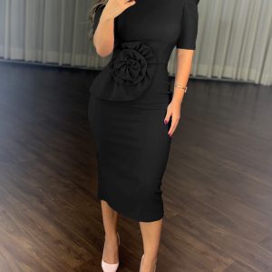 Puff Sleeve Waist 3D Flower Decor Bodycon Dress Casual Slim Fit Midi Dress, women Midi Dresses, ChicMe catalog