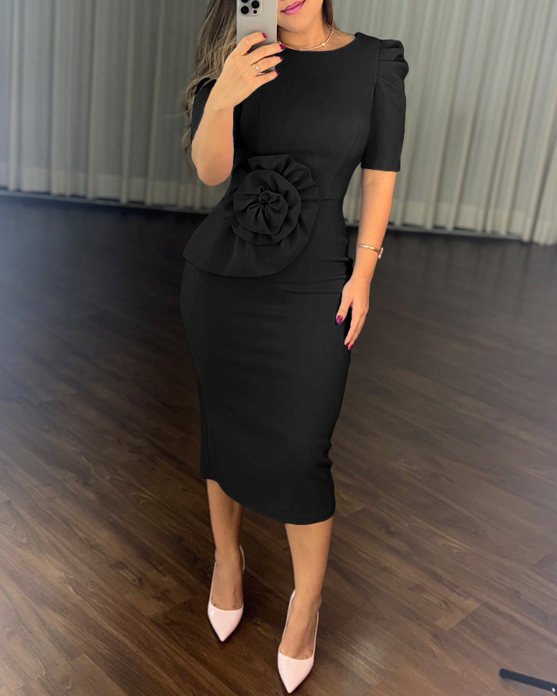 Puff Sleeve Waist 3D Flower Decor Bodycon Dress Casual Slim Fit Midi Dress, women Midi Dresses, ChicMe catalog