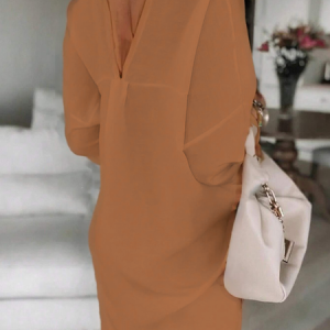 Urban Plain Buttoned Chain Knee Length Dress, Midi Dresses, color:Brown|size:XXL, Stylewe