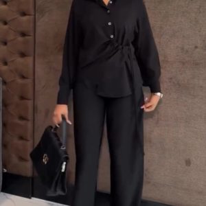 2 Pieces Outfit Turn-down Collar Button Front Drawstring Slit Asymmetrical Hem Top and Casual Elastic Back Waist Zipper Side Wide Leg Pants Set, women Two-piece Sets, ChicMe catalog