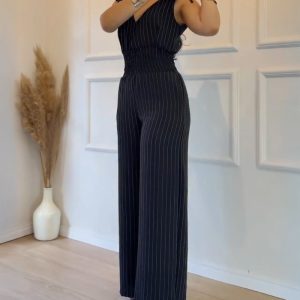 Striped V-Neck Sleeveless Casual Tied Detail Shirred Cinch Jumpsuit, women Jumpsuits, ChicMe catalog