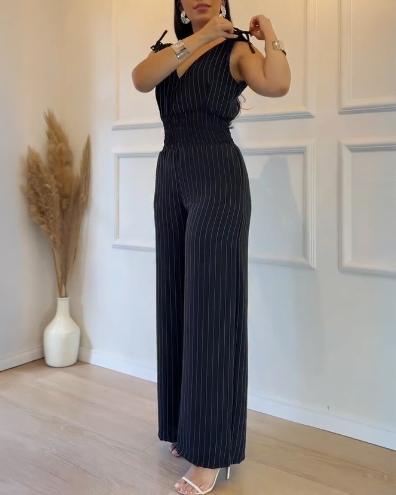 Striped V-Neck Sleeveless Casual Tied Detail Shirred Cinch Jumpsuit, women Jumpsuits, ChicMe catalog
