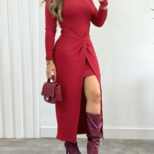 Long Sleeve Waist Twist Bodycon Slit Dress Casual Slim Fit Midi Dress, women Midi Dresses, ChicMe catalog