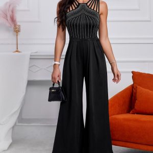 Rhinestone Cutout Ruched Wide Leg Jumpsuit, women Jumpsuits, ChicMe catalog