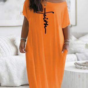Plus Letter Print Skew Neck Short Sleeve Casual Maxi Dress with Pocket, women Casual Dresses, ChicMe catalog