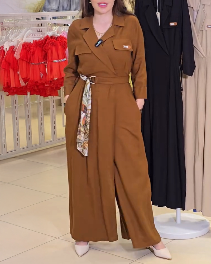 Turn-down Collar Long Sleeve Casual Asymmetrical Tied Detail Cinch Jumpsuit, women Jumpsuits, ChicMe catalog - Image 2