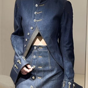 Casual Plain Mock Neck Denim Jacket, Jackets, color:Denim Blue|size:XXL, Stylewe