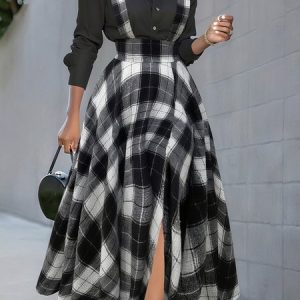 Urban Printing Plaid Maxi Skirt, Skirts, color:Black|size:XXL, Stylewe