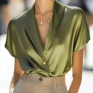 Satin Urban Plain V Neck Raglan Sleeve Blouse, Blouses and Shirts, color:As Picture|size:XXL, Stylewe