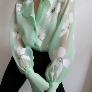 Elegant Floral Printing Lapel Collar Shirt, Blouses and Shirts, color:Green|size:XXL, Stylewe