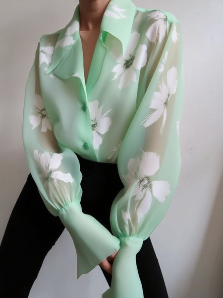 Elegant Floral Printing Lapel Collar Shirt, Blouses and Shirts, color:Green|size:XXL, Stylewe