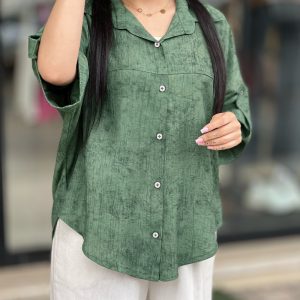 Plus Size Turn-down Collar Button Front Turn-Up Sleeves Blouse Casual Drop Shoulder Asymmetrical Hem Loose Top, women Blouses&Shirts, ChicMe catalog